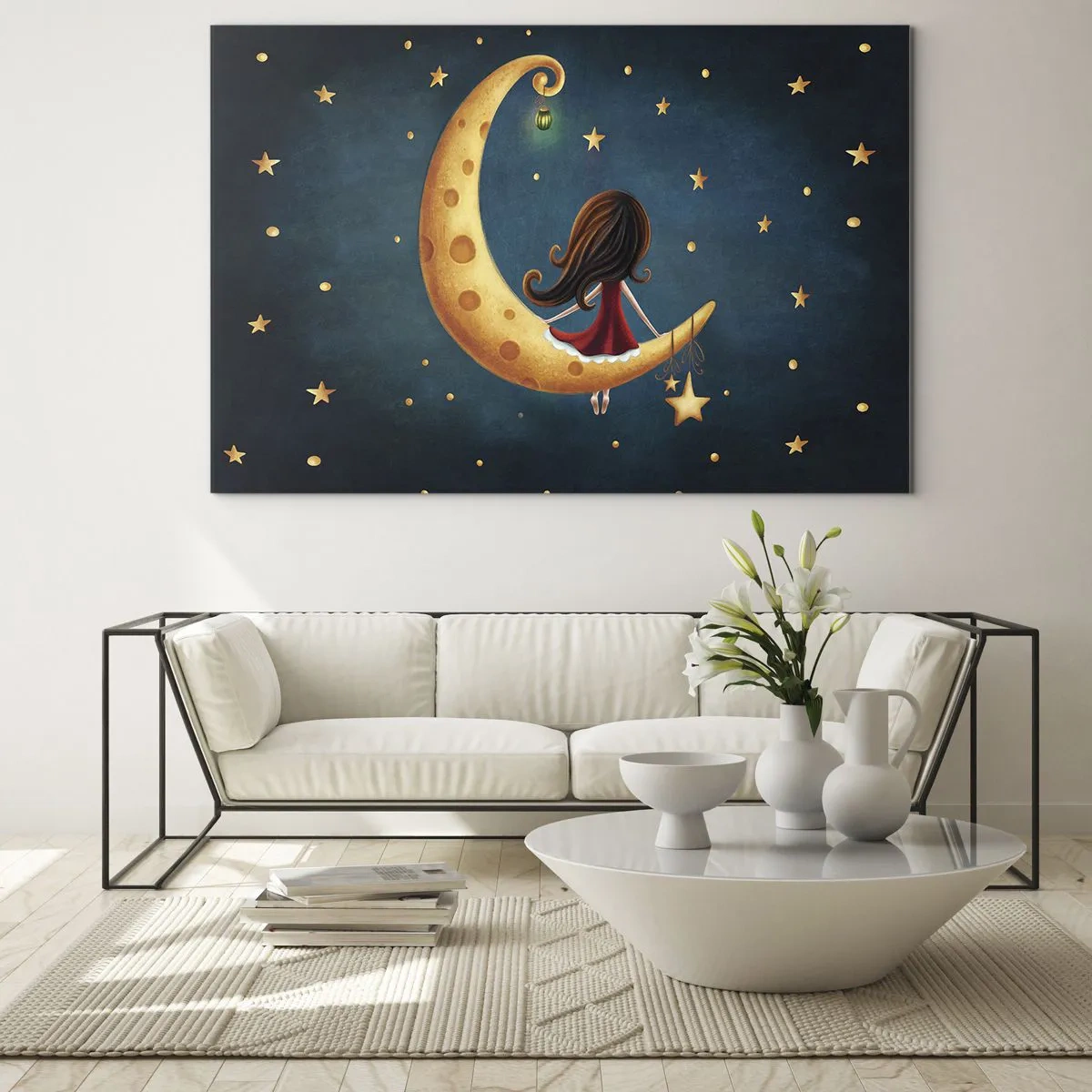 Cuadro sobre vidrio - Impresiones sobre Vidrio - Una niña en la luna entre las estrellas sobre un fondo azul marino. - 100x70cm - Érase una vez... - Decoración de pared moderna para salón y dormitorio ARTTOR