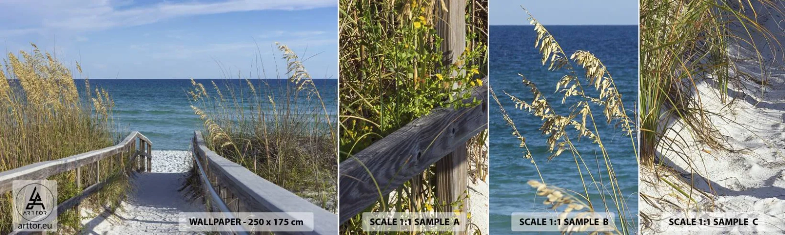 Muestra de fotomural autoadhesivo Deluxe Sticker - En el sol, en el viento - Paisaje, Duna de mar, Mar - 100x30 cm