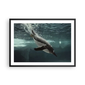 Póster en marco negro - Un pingüino sumergiéndose en las profundidades del agua helada. - 70x50cm - Bienvenido a mi mundo - Decoración de pared moderna para salón y dormitorio ARTTOR