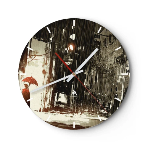 Reloj de pared - Reloj de vidrio - Una escena con un paraguas contra una calle lluviosa. - 30x30cm - Poesía de un paraguas rojo - Decoración de pared moderna para salón, cocina y dormitorio ARTTOR