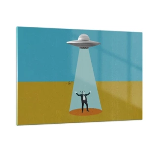 Cuadro sobre vidrio - Impresiones sobre Vidrio - Un hombre a la luz de un platillo espacial sobre un fondo colorido. - 120x80cm - Un encuentro cercano - Decoración de pared moderna para salón y dormitorio ARTTOR