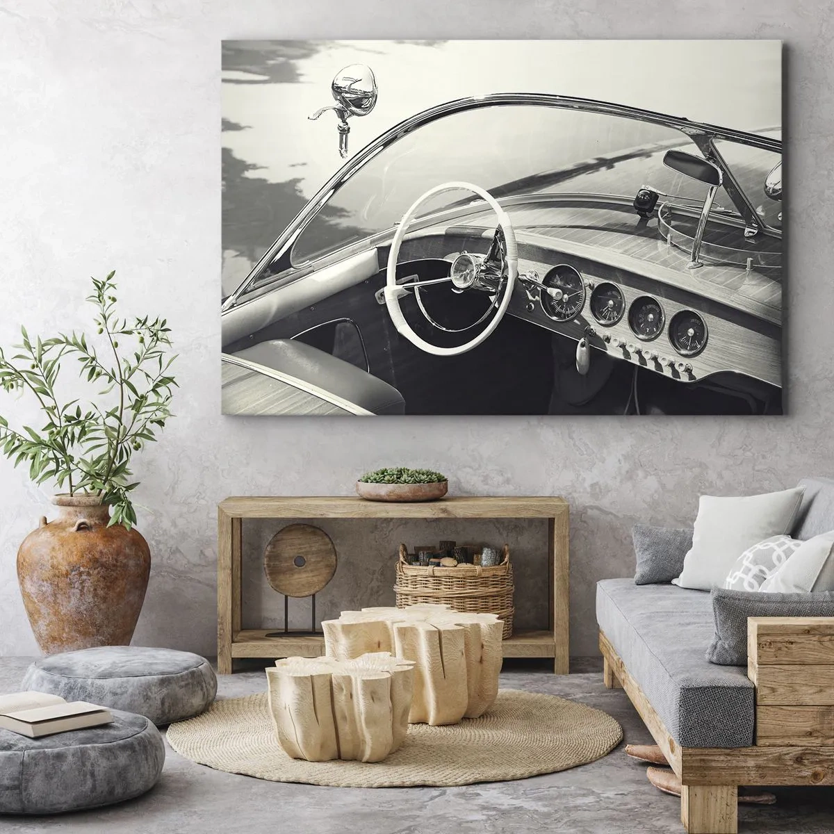 Cuadro sobre lienzo - Impresión de Imagen - Interior de coche clásico en estilo monocromático. - 70x50cm - Tiempo para los ricos - Decoración de pared moderna para salón y dormitorio ARTTOR
