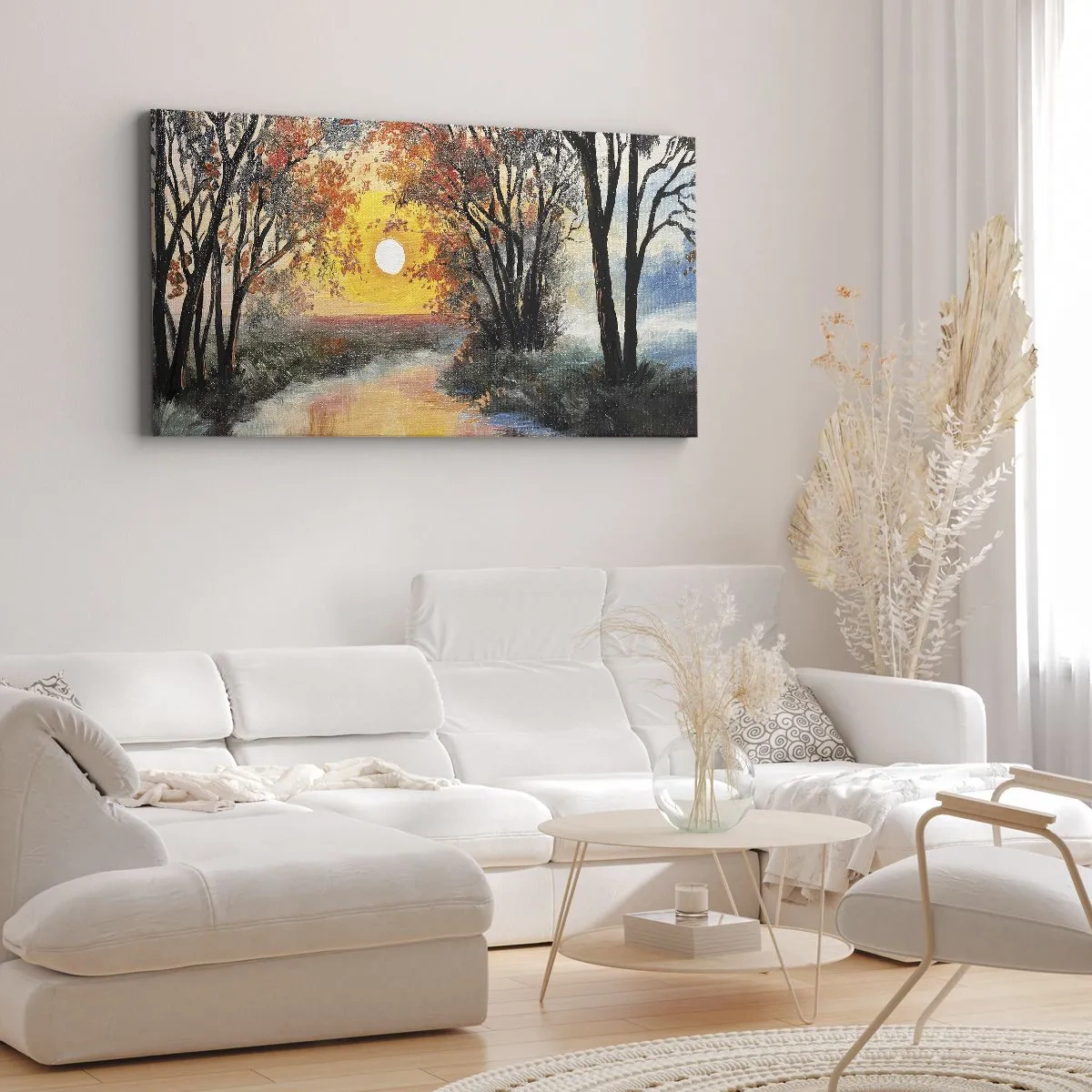 Cuadro sobre lienzo - Impresión de Imagen - Puesta de sol sobre el río en un paisaje otoñal - 120x50cm - Ambiente otoñal - Decoración de pared moderna para salón y dormitorio ARTTOR