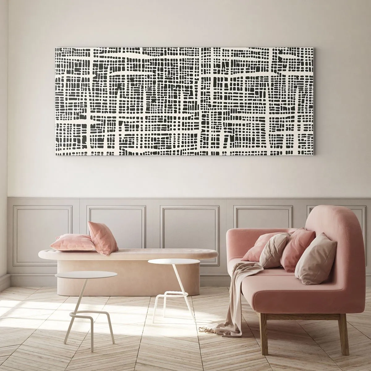 Cuadro sobre vidrio - Impresiones sobre Vidrio - Un patrón geométrico que se asemeja a una cuadrícula sobre un fondo claro. - 140x50cm - Composición del tejido - Decoración de pared moderna para salón y dormitorio ARTTOR
