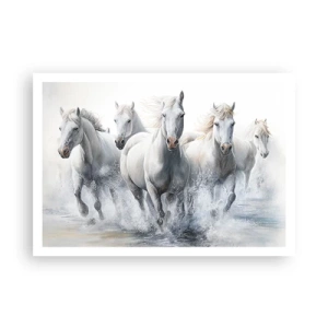 Póster - Caballos blancos galopando por el agua - 100x70cm - Magia blanca - Decoración de pared moderna para salón y dormitorio ARTTOR
