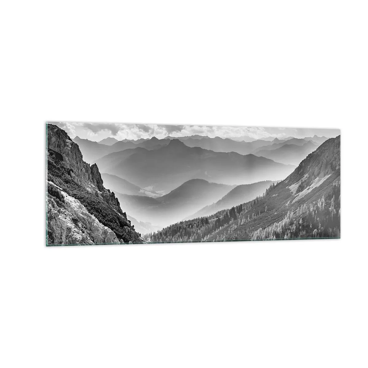 Cuadro sobre vidrio - Impresiones sobre Vidrio - Paisaje de montaña en blanco y negro con nubes sobre los picos. - 140x50cm - Hasta el horizonte - Decoración de pared moderna para salón y dormitorio ARTTOR