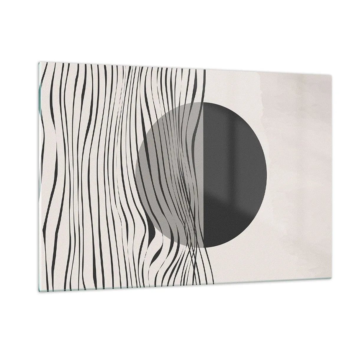 Cuadro sobre vidrio - Impresiones sobre Vidrio - Ondas negras y un círculo sobre un fondo beige - 120x80cm - Media composición - Decoración de pared moderna para salón y dormitorio ARTTOR