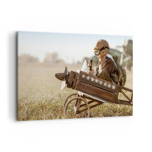 Cuadro sobre lienzo - Impresión de Imagen - Un niño en un avión de juguete con un campo al fondo. - 120x80cm - Despegue hacia un sueño - Decoración de pared moderna para salón y dormitorio ARTTOR
