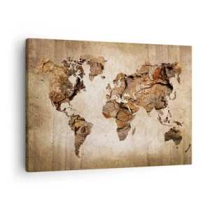 Cuadro sobre lienzo - Impresión de Imagen - Un mapa del mundo en estilo rústico de madera. - 70x50cm - El descubrimiento del mundo - Decoración de pared moderna para salón y dormitorio ARTTOR
