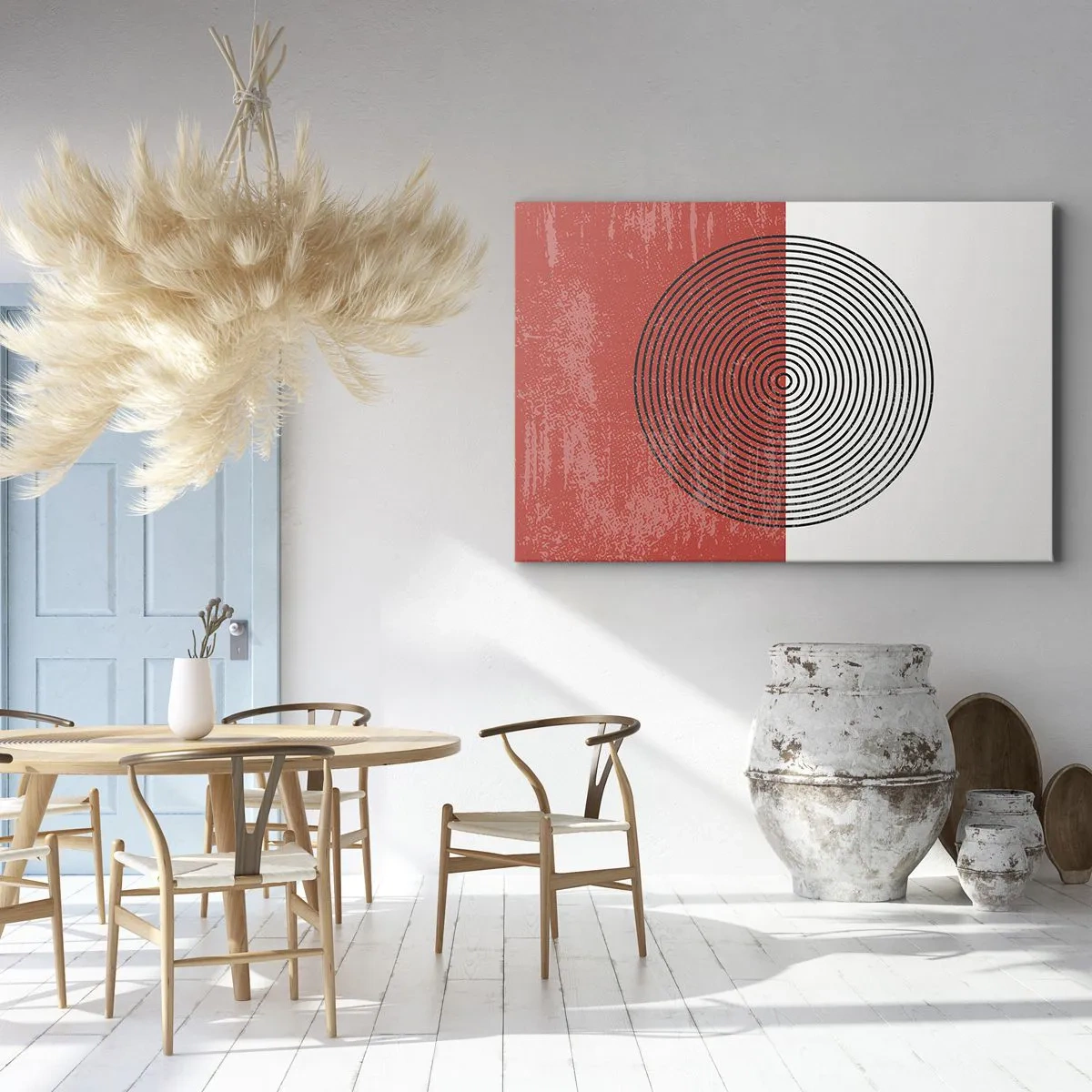 Cuadro sobre lienzo - Impresión de Imagen - Patrón geométrico con círculos concéntricos sobre un fondo rojo y blanco. - 120x80cm - En el corazón de la misma - Decoración de pared moderna para salón y dormitorio ARTTOR