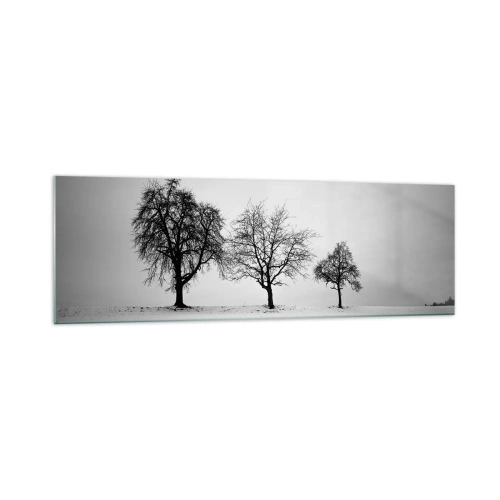 Cuadro sobre vidrio - Impresiones sobre Vidrio - Tres árboles en un campo nevado en estilo monocromático. - 160x50cm - ¿Con qué sueñan? - Decoración de pared moderna para salón y dormitorio ARTTOR