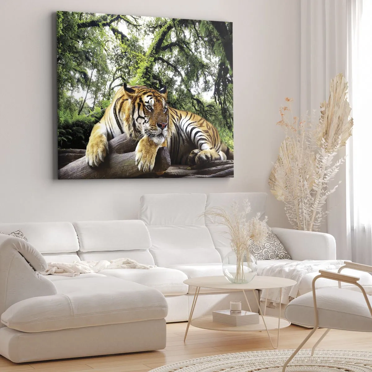 Cuadro sobre lienzo - Impresión de Imagen - Un tigre descansando en un bosque tropical. - 70x50cm - Atentamente - Decoración de pared moderna para salón y dormitorio ARTTOR