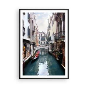 Póster en marco negro - Paisaje veneciano con góndola y puente - 70x100 cm