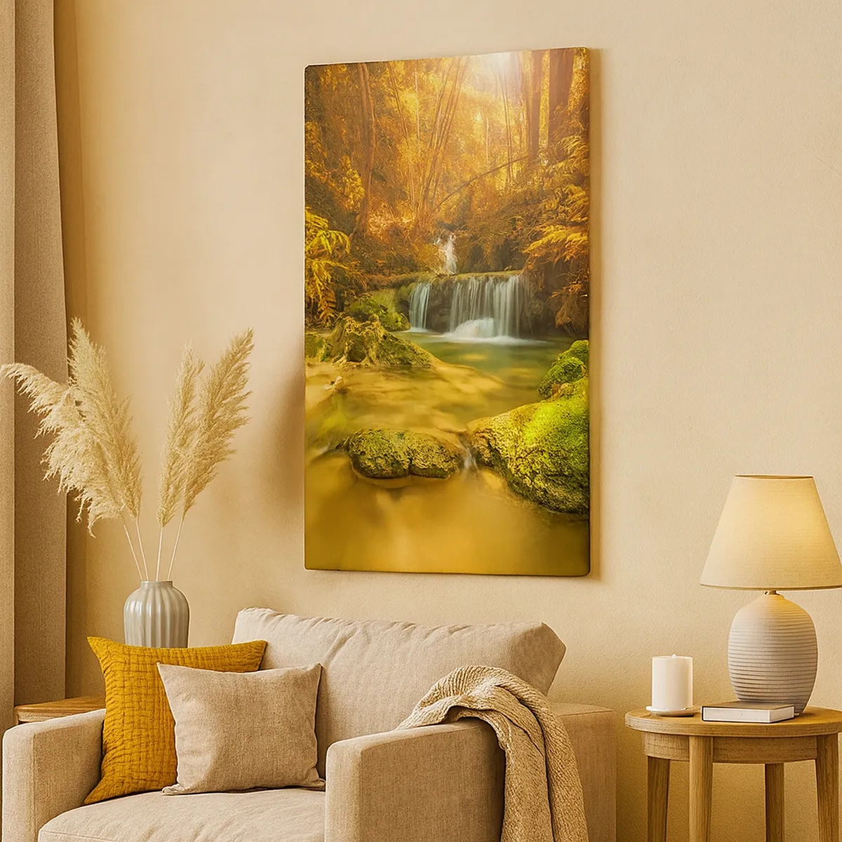 Cuadro sobre lienzo - Impresión de Imagen - Una cascada dorada en un bosque otoñal rodeado de vegetación. - 50x70cm - Cascada forestal en oro - Decoración de pared moderna para salón y dormitorio ARTTOR