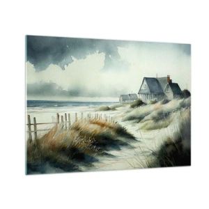 Cuadro sobre vidrio - Impresiones sobre Vidrio - Casas en las dunas frente al mar bajo un cielo nublado - 70x50cm - Lejos del bullicio - Decoración de pared moderna para salón y dormitorio ARTTOR