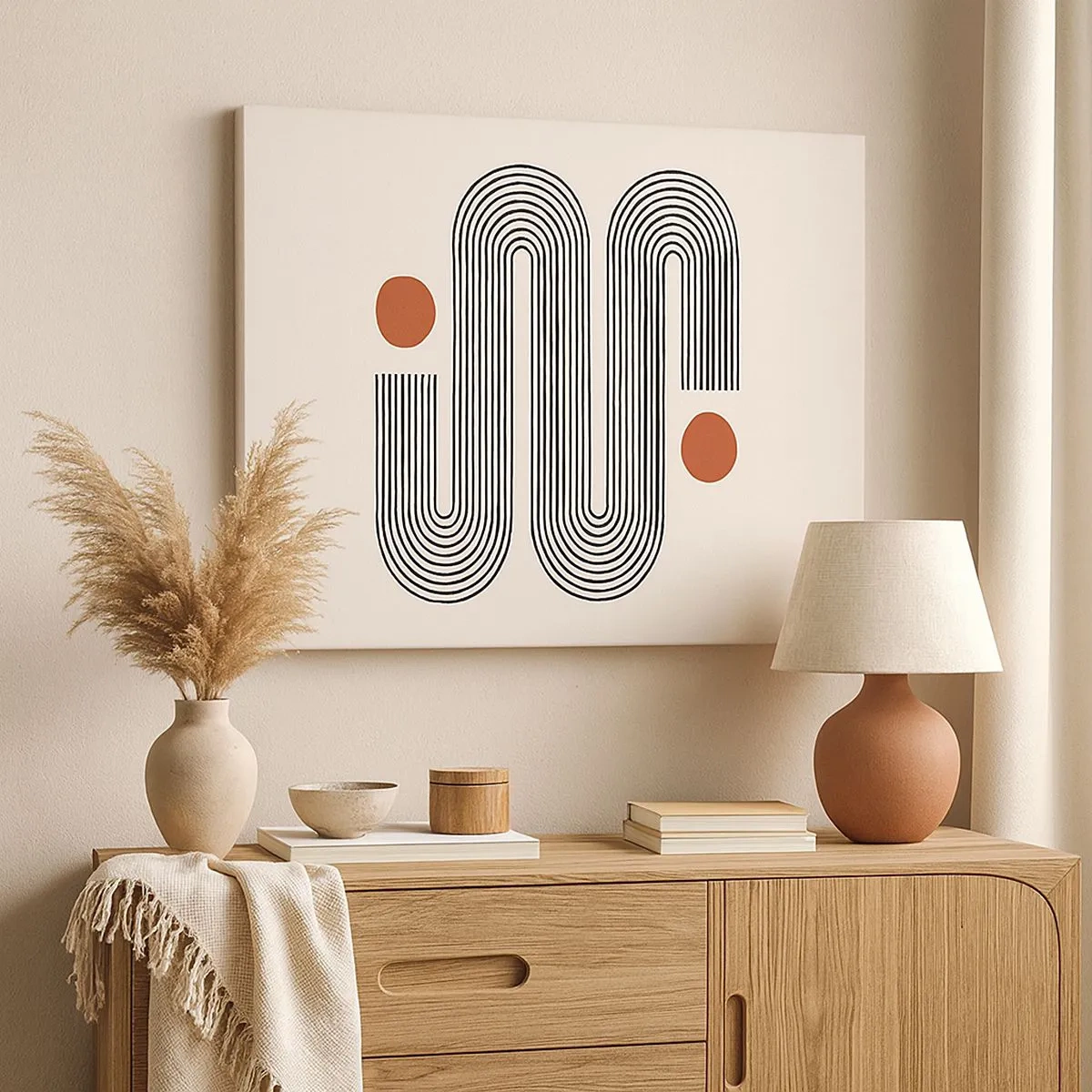 Cuadro sobre lienzo - Impresión de Imagen - Patrón geométrico con líneas y círculos naranjas. - 70x50cm - De principio a fin - Decoración de pared moderna para salón y dormitorio ARTTOR