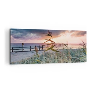 Cuadro sobre lienzo - Impresión de Imagen - Playa al atardecer con hierbas en primer plano - 120x50cm - Bailando con el viento - Decoración de pared moderna para salón y dormitorio ARTTOR
