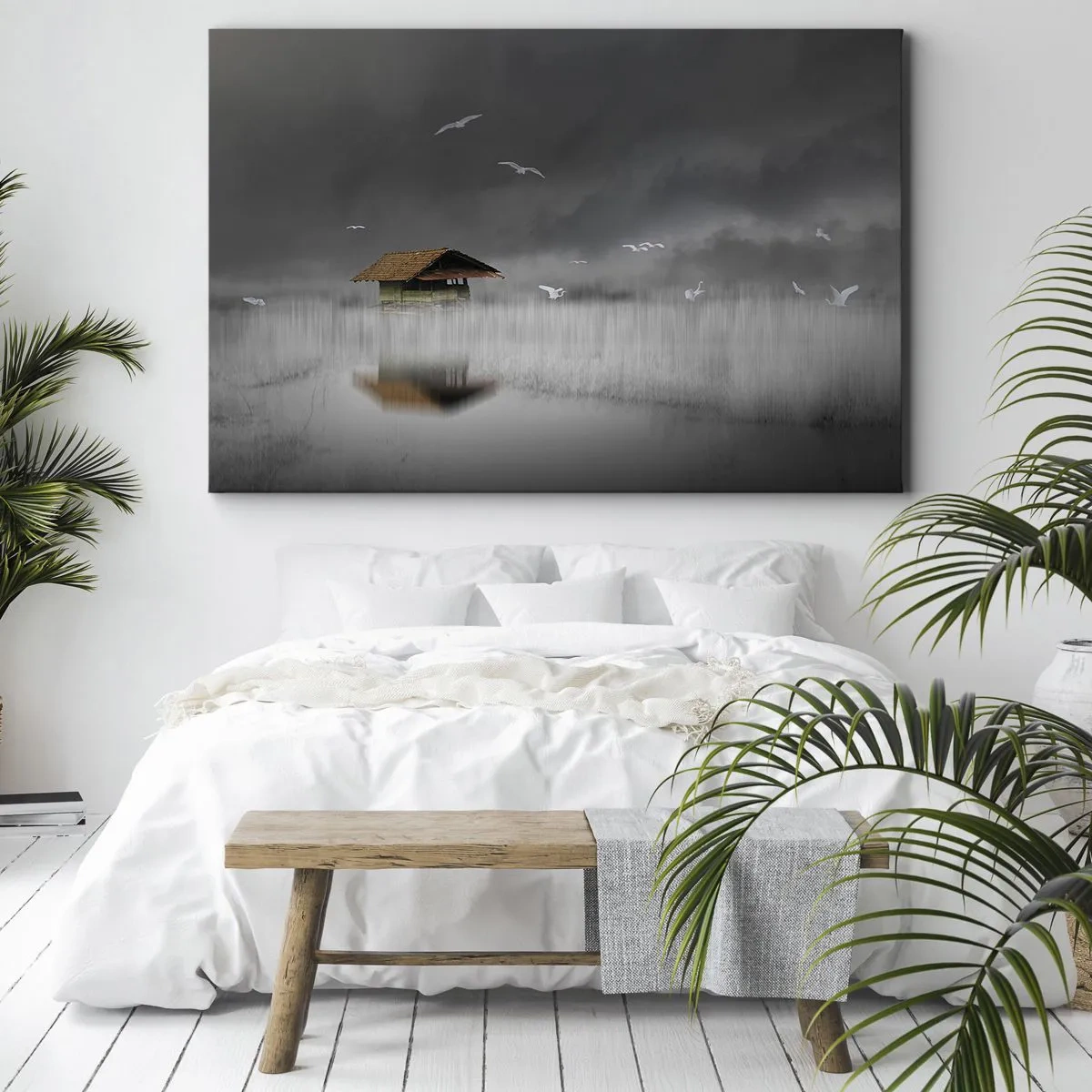 Cuadro sobre lienzo - Impresión de Imagen - Una cabaña solitaria sobre el agua rodeada de niebla y pájaros. - 70x50cm - Resguardo de la lluvia - Decoración de pared moderna para salón y dormitorio ARTTOR