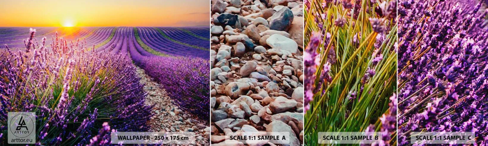 Muestra de fotomural autoadhesivo Deluxe Sticker - Pradera fragante - Paisaje, campo de lavanda, Provenza - 100x30 cm