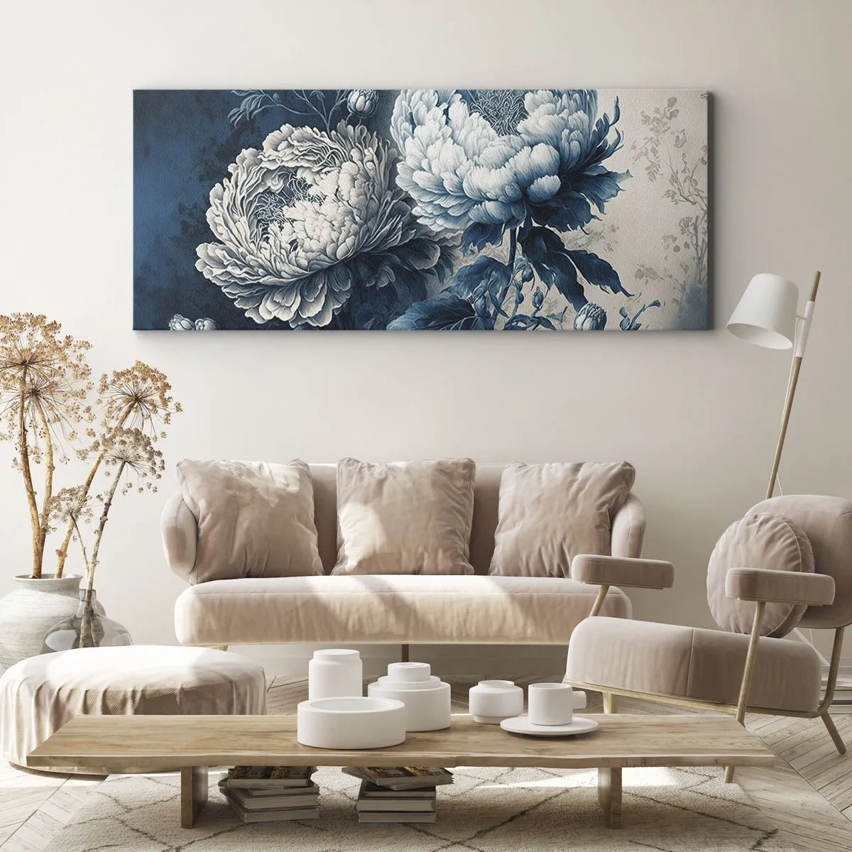 Cuadro sobre lienzo - Impresión de Imagen - Peonías azules sobre un fondo sutil con un patrón delicado. - 140x50cm - Una pareja unida - Decoración de pared moderna para salón y dormitorio ARTTOR