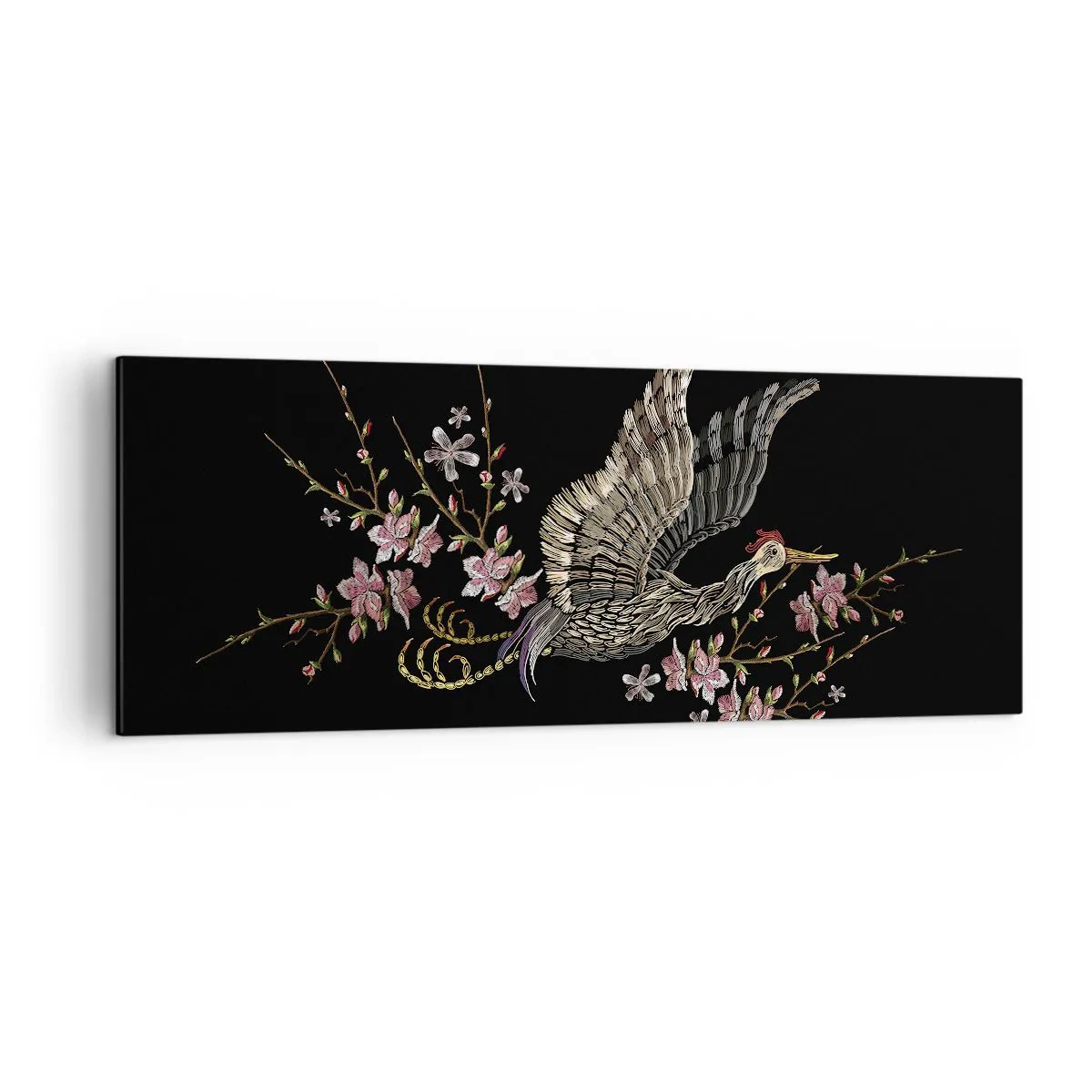 Cuadro sobre lienzo - Impresión de Imagen - Un pájaro en vuelo con flores sobre un fondo negro. - 140x50cm - Ave florida - Decoración de pared moderna para salón y dormitorio ARTTOR