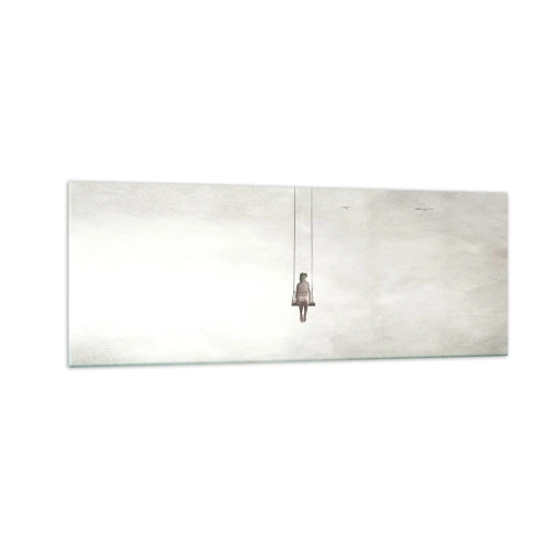 Cuadro sobre vidrio - Impresiones sobre Vidrio - Una figura en un columpio suspendida en el espacio. - 140x50cm - El niño que llevamos dentro - Decoración de pared moderna para salón y dormitorio ARTTOR