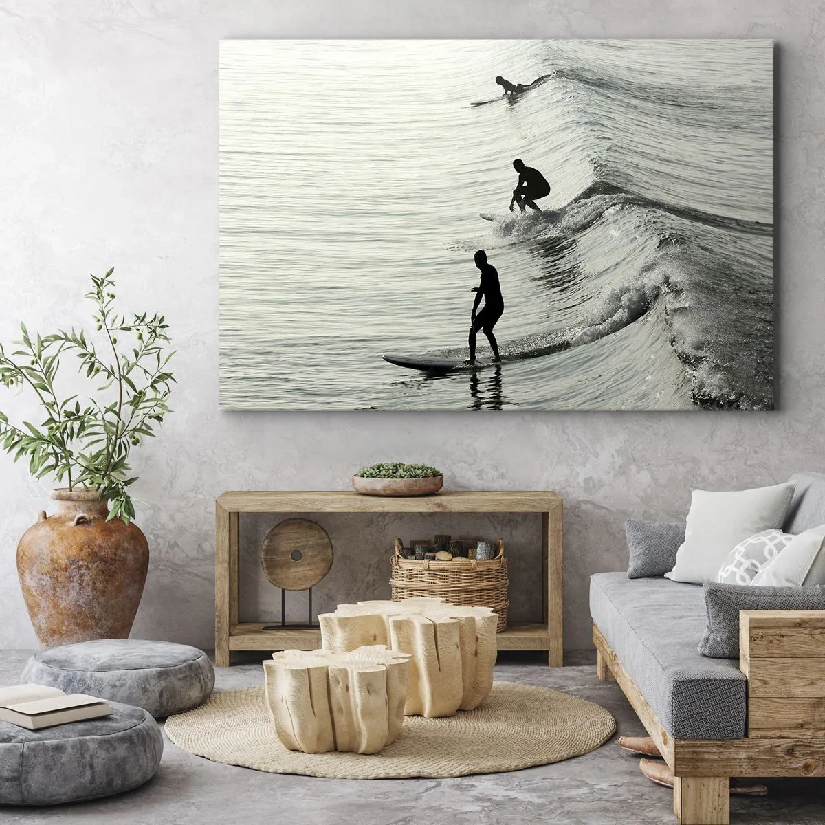 Cuadro sobre lienzo - Impresión de Imagen - Surfistas en las olas en una toma monocromática - 70x50cm - Al encuentro de la ola - Decoración de pared moderna para salón y dormitorio ARTTOR