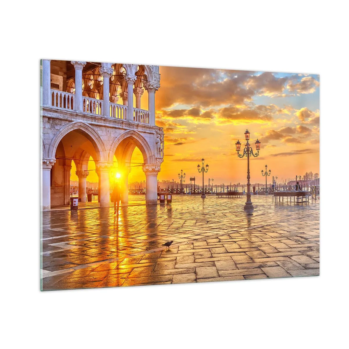Cuadro sobre vidrio - Impresiones sobre Vidrio - Amanecer sobre las arcadas y la plaza - 100x70cm - ¿Dónde están todos? - Decoración de pared moderna para salón y dormitorio ARTTOR