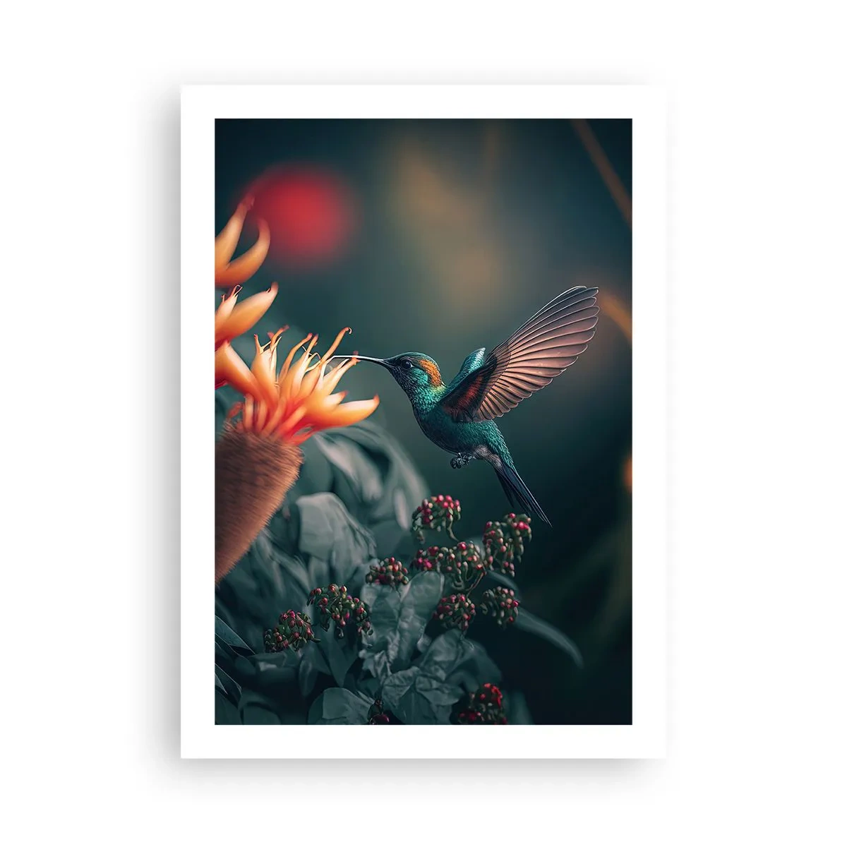 Póster - Un colibrí colorido cerca de flores entre la vegetación. - 50x70cm - Una vida verdaderamente colorida - Decoración de pared moderna para salón y dormitorio ARTTOR