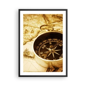 Póster en marco negro - Una brújula sobre un fondo de mapa en tonos sepia - 50x70cm - ¿Este u Oeste? - Decoración de pared moderna para salón y dormitorio ARTTOR