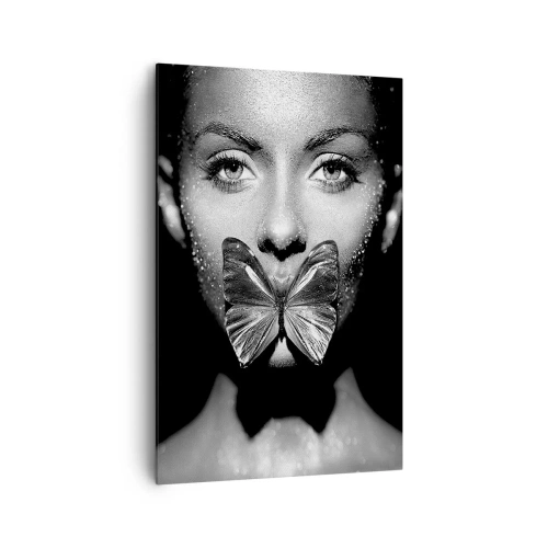 Cuadro sobre lienzo - Impresión de Imagen - Rostro de mujer en blanco y negro con una mariposa en los labios. - 80x120cm - Beso de mariposa - Decoración de pared moderna para salón y dormitorio ARTTOR