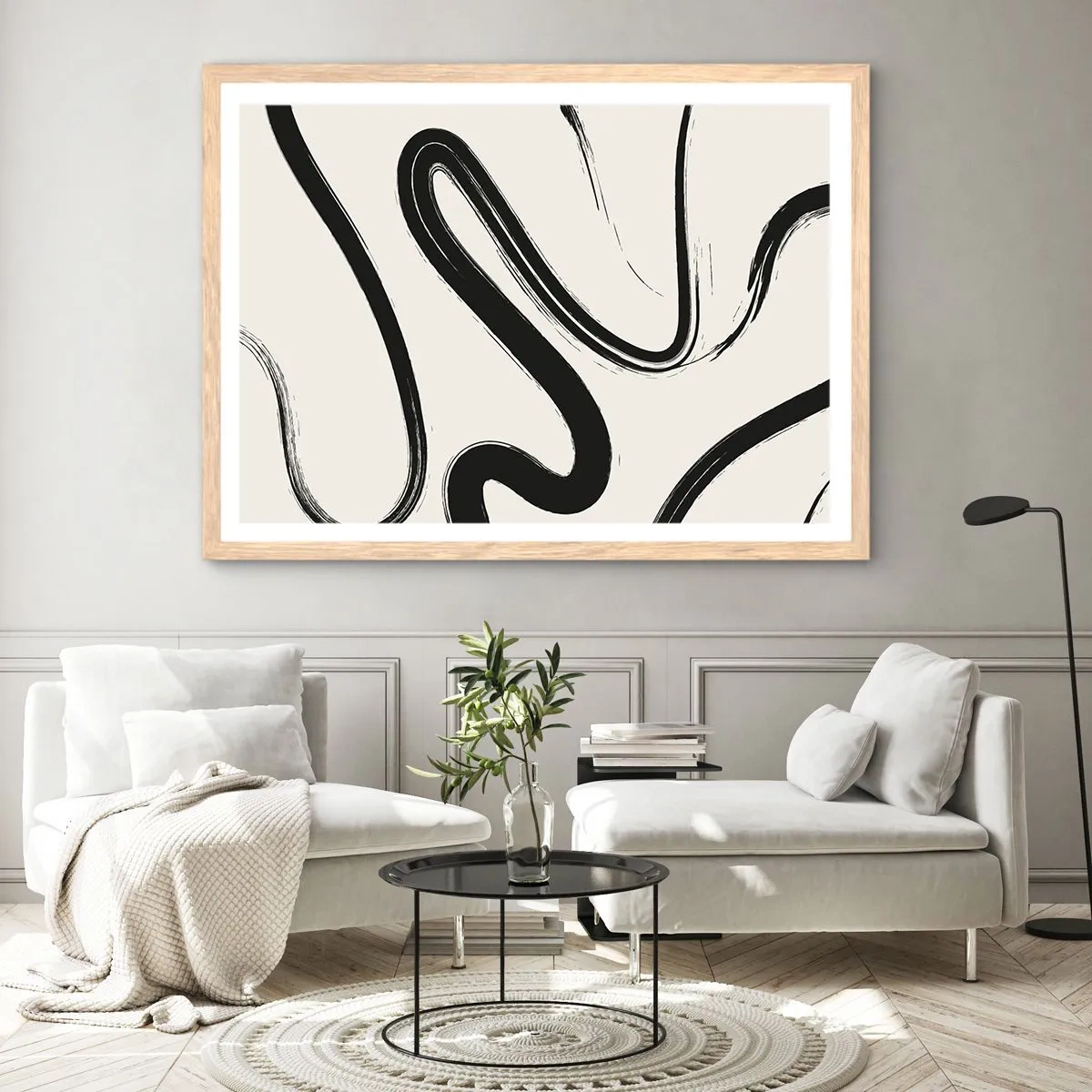 Póster en marco roble claro - Fantasía en blanco y negro - 91x61 cm