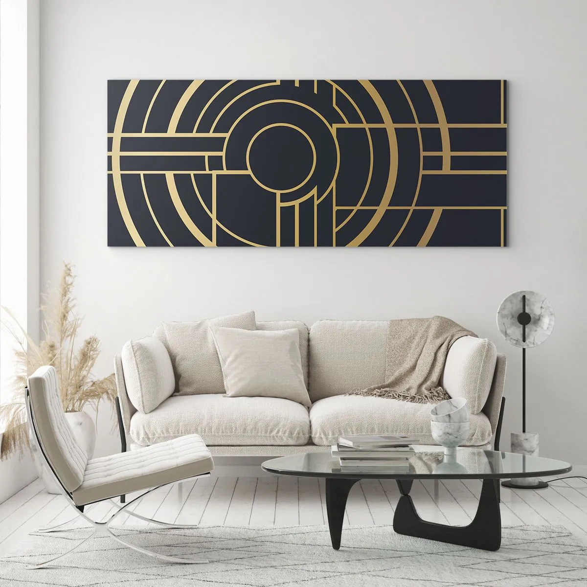 Cuadro sobre vidrio - Impresiones sobre Vidrio - Patrón geométrico con líneas doradas. - 160x50cm - Giro de los elementos - Decoración de pared moderna para salón y dormitorio ARTTOR