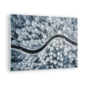 Cuadro sobre vidrio - Impresiones sobre Vidrio - Un camino sinuoso a través de un bosque invernal visto desde un dron. - 70x50cm - A través de un bosque invernal - Decoración de pared moderna para salón y dormitorio ARTTOR