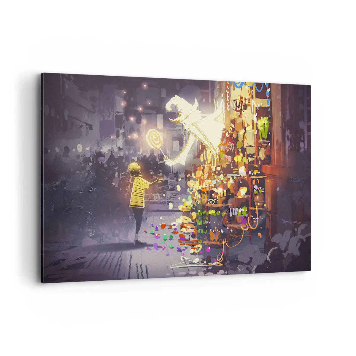 Cuadro sobre lienzo - Impresión de Imagen - Un personaje de cuento de hadas y un niño en una calle llena de luces y magia. - 120x80cm - Los hechizos existen - Decoración de pared moderna para salón y dormitorio ARTTOR