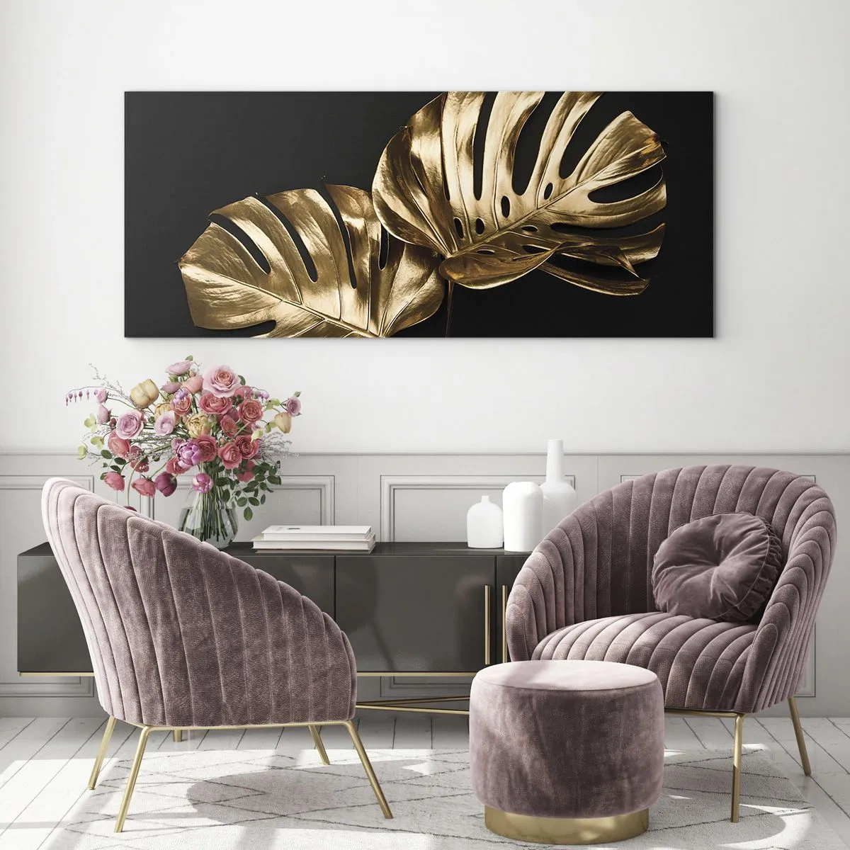 Cuadro sobre vidrio - Impresiones sobre Vidrio - Hojas de monstera doradas sobre fondo negro - 140x50cm - Tesoros de la naturaleza - Decoración de pared moderna para salón y dormitorio ARTTOR