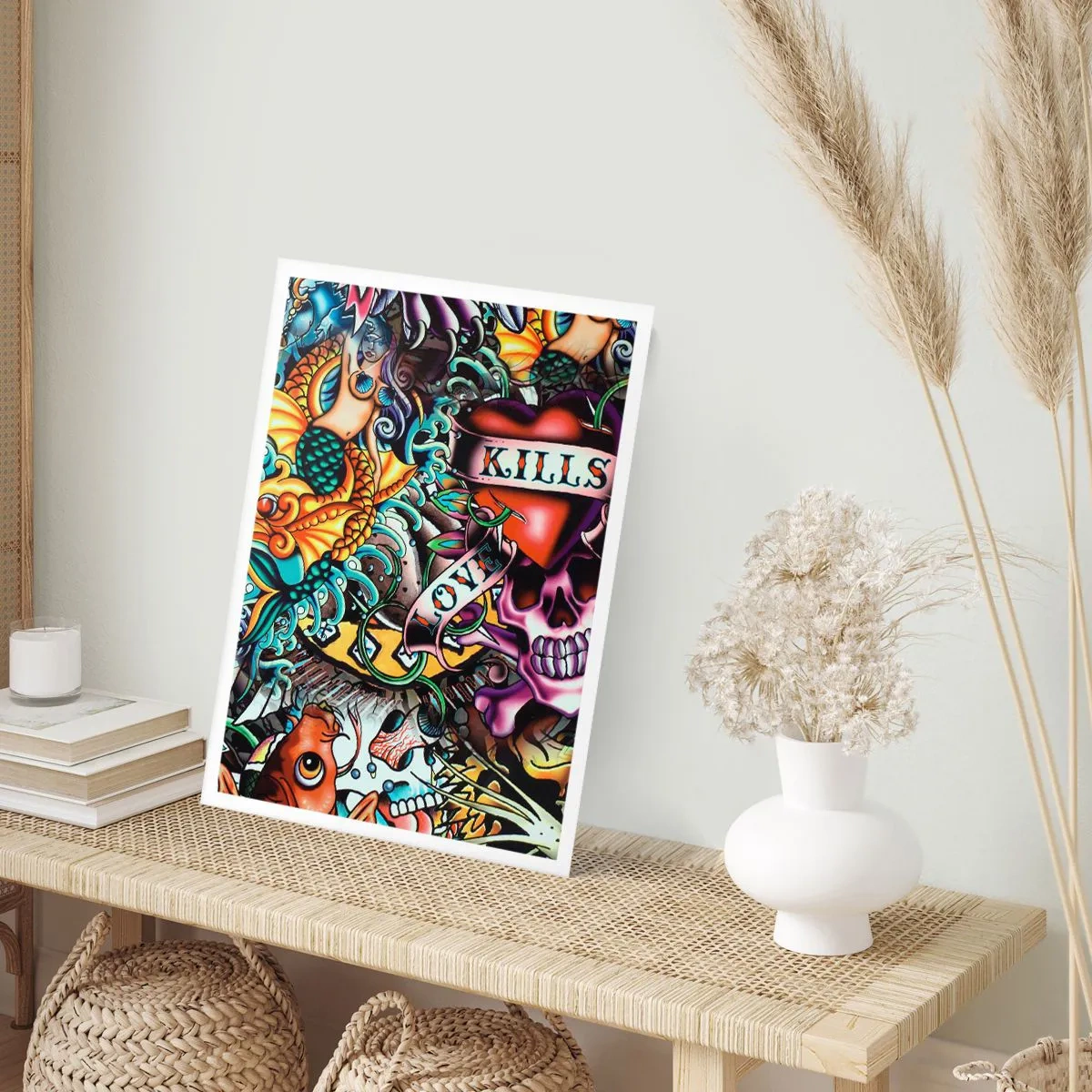 Póster - Tatuaje abstracto con calavera, corazón e inscripción. - 50x70cm - El sueño de un tatuador - Decoración de pared moderna para salón y dormitorio ARTTOR