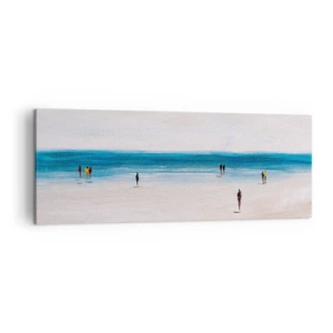 Cuadro sobre lienzo - Impresión de Imagen - Una playa con gente con el mar en calma como telón de fondo. - 140x50cm - Necesidad natural - Decoración de pared moderna para salón y dormitorio ARTTOR