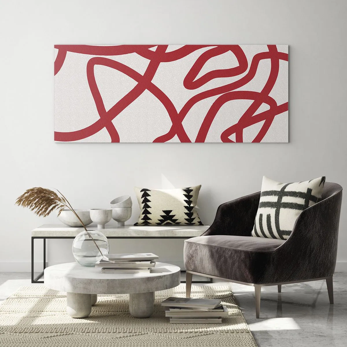 Cuadro sobre vidrio - Impresiones sobre Vidrio - Líneas abstractas rojas sobre un fondo blanco - 120x50cm - Rojo sobre blanco - Decoración de pared moderna para salón y dormitorio ARTTOR