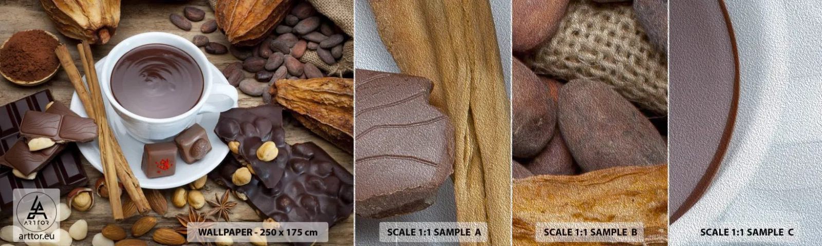 Muestra de fotomural Premium Sand - Chocolate de ensueño - Gastronomía, Chocolate, Café - 100x30 cm