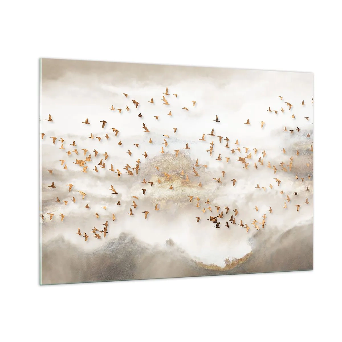 Cuadro sobre vidrio - Impresiones sobre Vidrio - Una bandada de pájaros volando sobre un paisaje brumoso. - 100x70cm - Es hora... - Decoración de pared moderna para salón y dormitorio ARTTOR