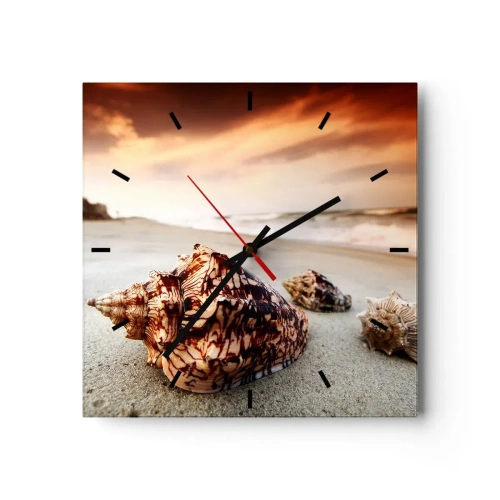 Reloj de pared - Reloj de vidrio - Conchas en la playa al atardecer - 30x30cm - Los exiliados de las olas - Decoración de pared moderna para salón y dormitorio ARTTOR