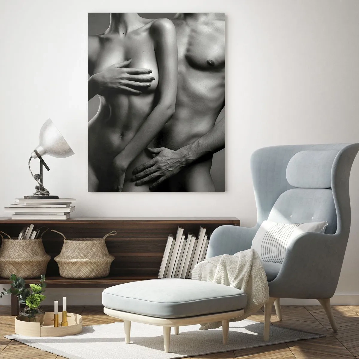 Cuadro sobre vidrio - Impresiones sobre Vidrio - Representación en blanco y negro de cuerpos femeninos y masculinos en una pose artística. - 70x100cm - Adán y Eva - Decoración de pared moderna para salón y dormitorio ARTTOR