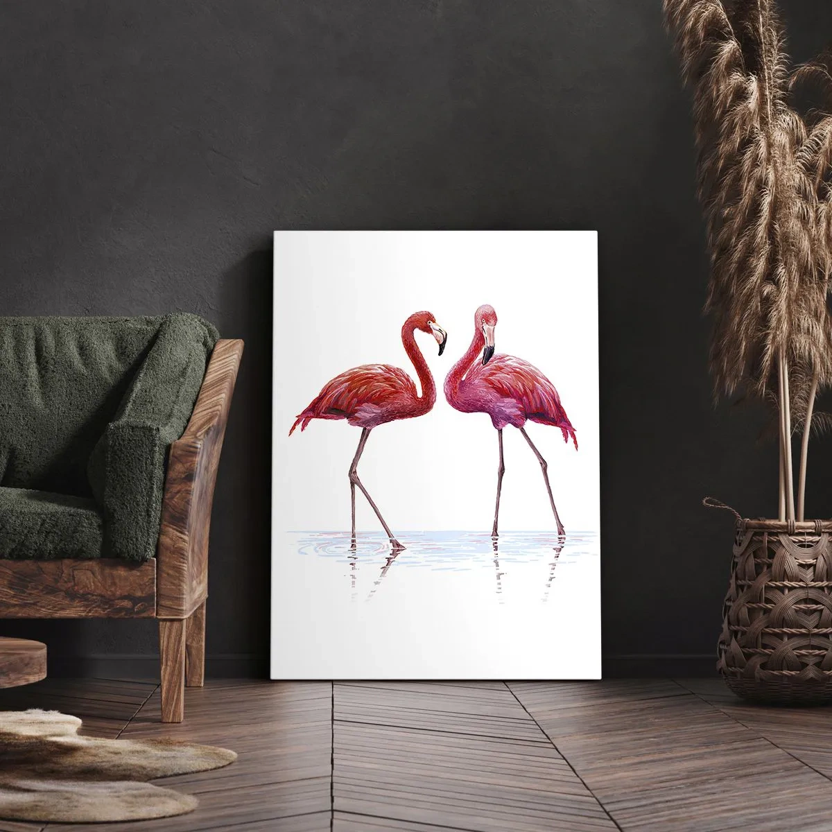 Cuadro sobre lienzo - Impresión de Imagen - Una pareja de flamencos en el agua contra un fondo claro. - 50x70cm - Cita rosada - Decoración de pared moderna para salón y dormitorio ARTTOR