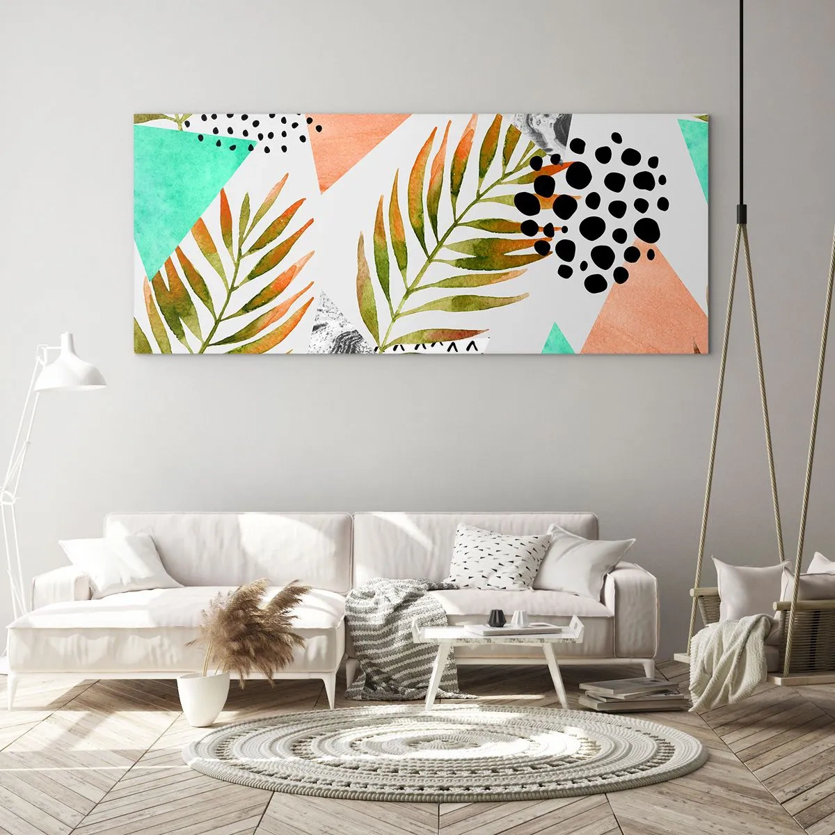 Cuadro sobre vidrio - Impresiones sobre Vidrio - Patrón tropical con hojas y formas geométricas. - 160x50cm - Decoración con hojas de palmera - Decoración de pared moderna para salón y dormitorio ARTTOR