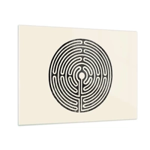 Cuadro sobre vidrio - Impresiones sobre Vidrio - Un laberinto en blanco y negro en forma circular sobre un fondo claro. - 70x50cm - Orden misterioso - Decoración de pared moderna para salón y dormitorio ARTTOR