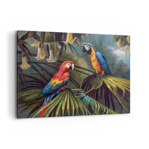 Cuadro sobre lienzo - Impresión de Imagen - Loros en un bosque tropical con flores exóticas al fondo. - 120x80cm - Romanticismo en los trópicos - Decoración de pared moderna para salón y dormitorio ARTTOR