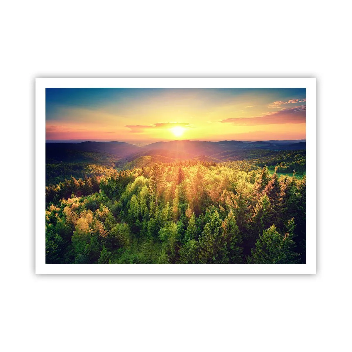 Póster - Paisaje forestal con puesta de sol sobre las colinas - 100x70cm - Desde lo alto - Decoración de pared moderna para salón y dormitorio ARTTOR