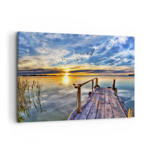 Cuadro sobre lienzo - Impresión de Imagen - Muelle de madera sobre el lago al atardecer - 120x80cm - El viento se va a descansar - Decoración de pared moderna para salón y dormitorio ARTTOR