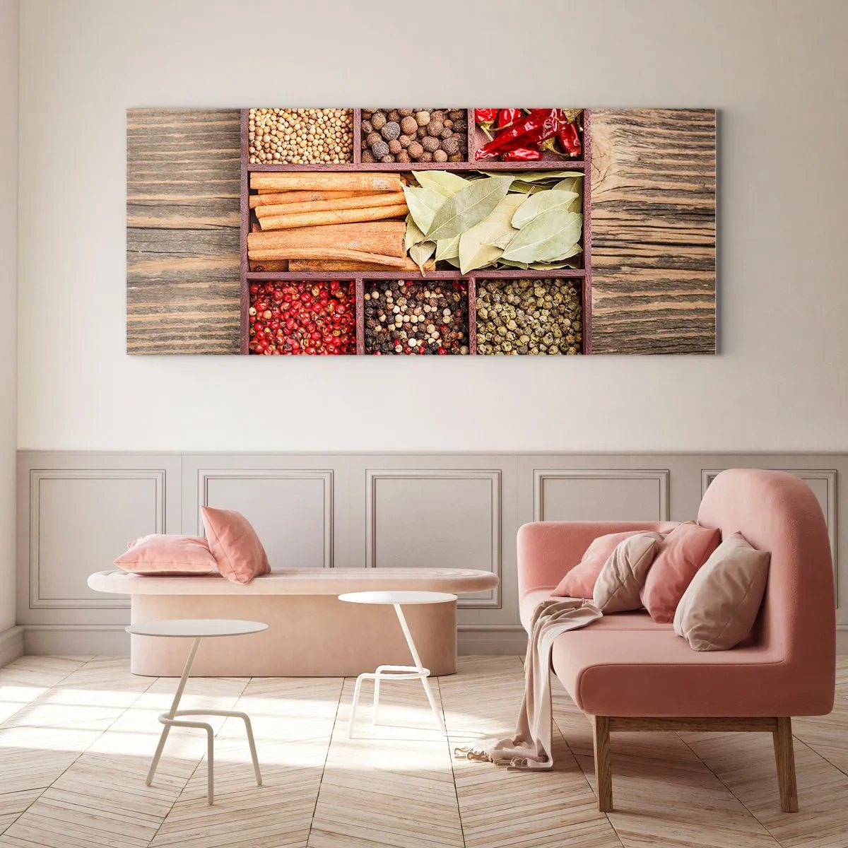 Cuadro sobre vidrio - Impresiones sobre Vidrio - Caja de madera con varias especias en compartimentos. - 160x50cm - Orden de formas, composición de aromas - Decoración de pared moderna para salón y dormitorio ARTTOR